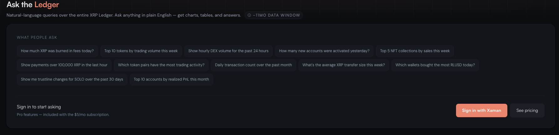 Ask the Ledger: natural-language queries over the XRP Ledger, with suggested questions