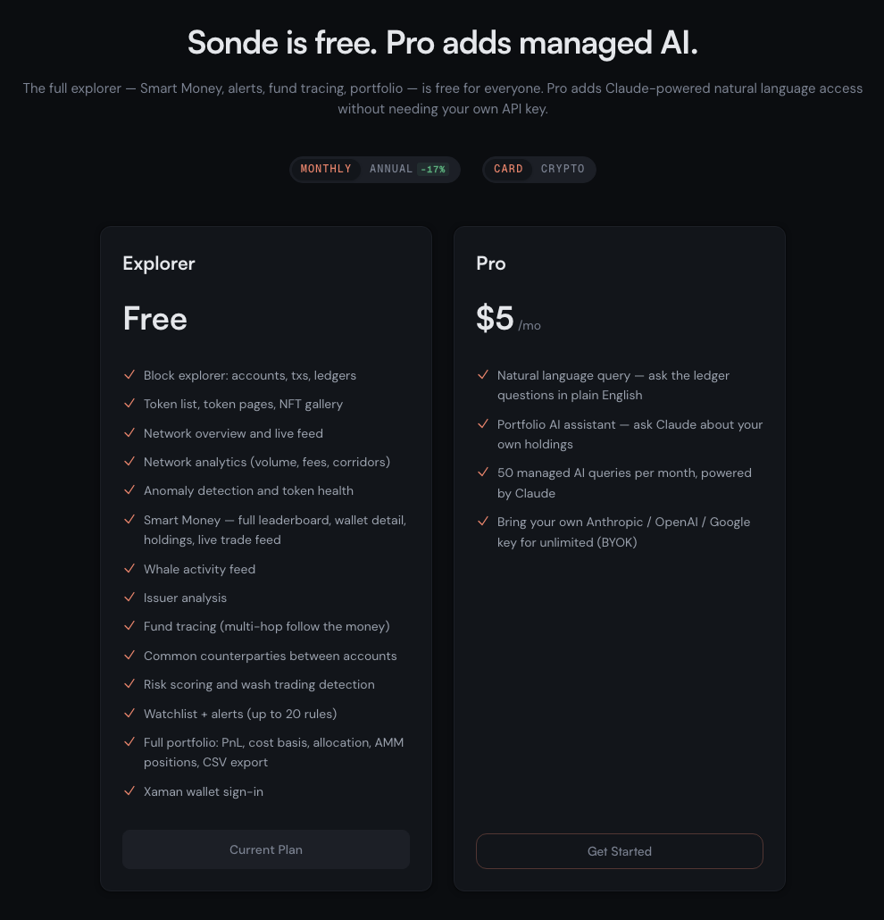 Sonde pricing: Explorer free with the full explorer; Pro at $5 a month for natural-language queries powered by Claude